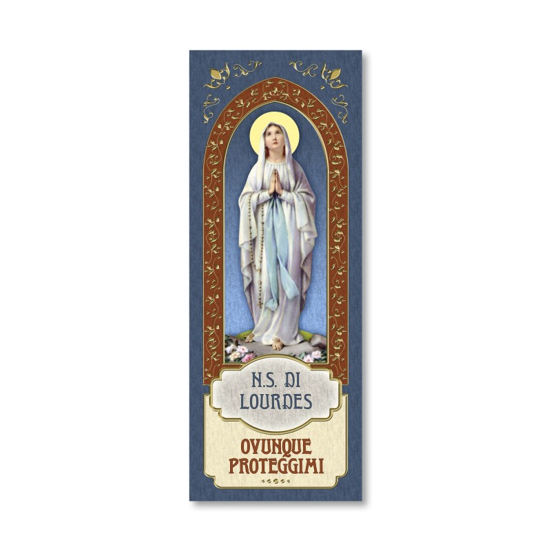 Segnalibro con cornice in oro a caldo della Madonna di Lourdes con preghiera a retro Segnalibro con cornice in oro a caldo della Madonna di Lourdes con preghiera a retro