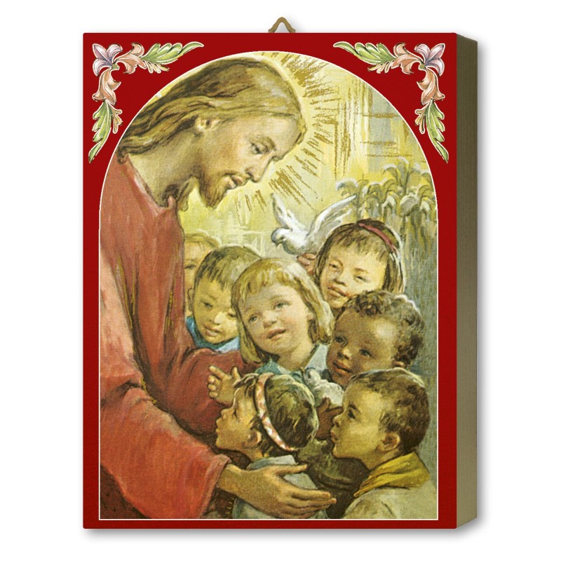 Tavola Lignea di Gesù con i pargoli in scatola regalo Tavola Lignea di Gesù con i pargoli in scatola regalo