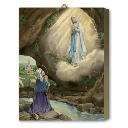 Tavola Lignea dell'Apparizione di Lourdes con Bernadette nella grotta in scatola regalo