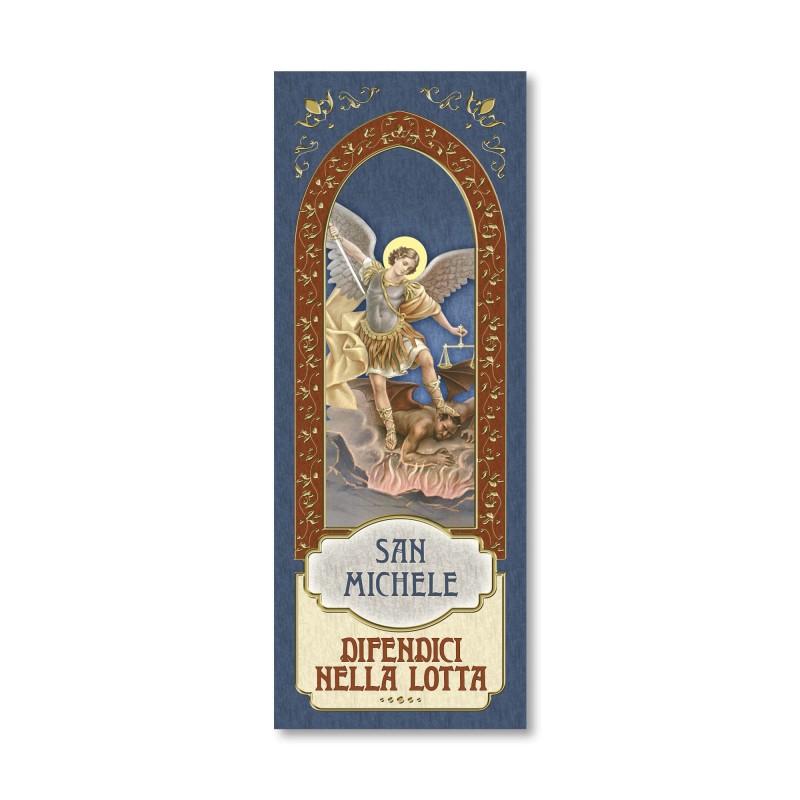 Segnalibro con cornice in oro a caldo di San Michele Arcangelo con preghiera a retro Segnalibro con cornice in oro a caldo di San Michele Arcangelo con preghiera a retro
