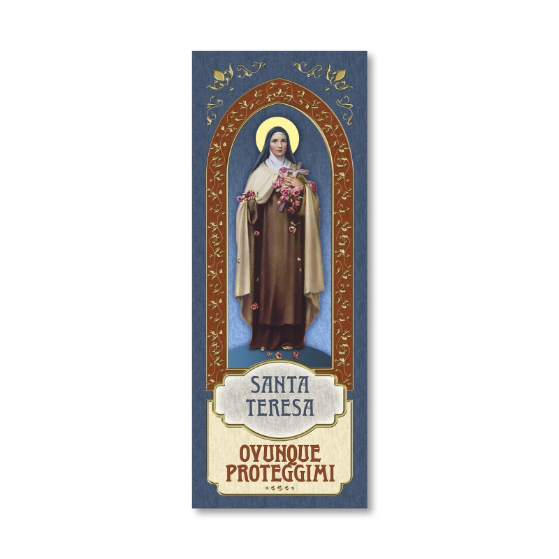 Segnalibro con cornice in oro a caldo di Santa Teresa del Bambin Gesù con preghiera a retro
