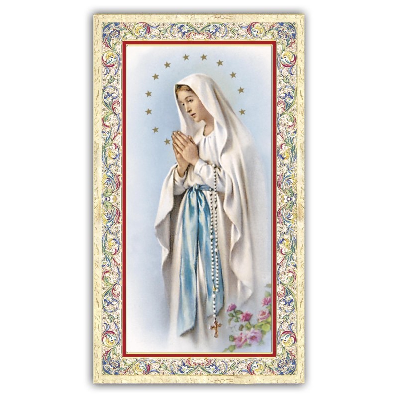 Santino Vergine di Lourdes con preghiera e finiture in oro a caldo Santino Vergine di Lourdes con preghiera e finiture in oro a caldo