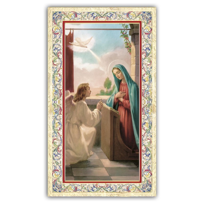 Santino Annunciazione a Maria con preghiera e finiture in oro a caldo Santino Annunciazione a Maria con preghiera e finiture in oro a caldo