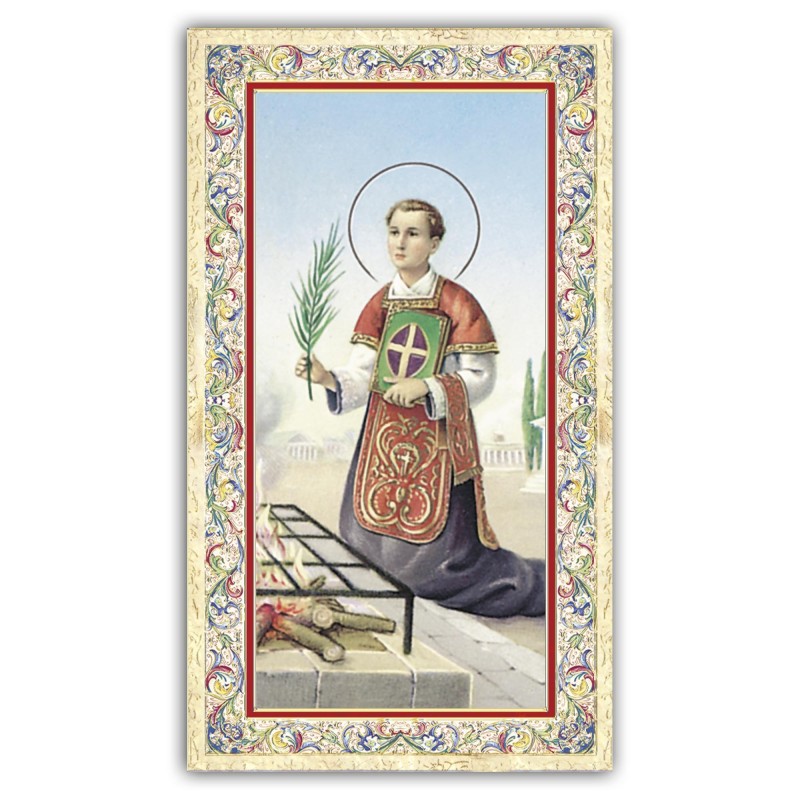 Santino San Lorenzo con preghiera e finiture in oro a caldo Santino San Lorenzo con preghiera e finiture in oro a caldo
