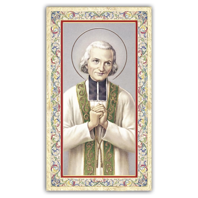 Santino San Giovanni Maria Vianney con preghiera e finiture in oro a caldo Santino San Giovanni Maria Vianney con preghiera e finiture in oro a caldo