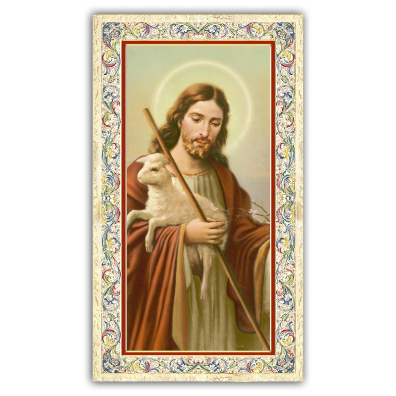 Santino Gesù Buon Pastore con preghiera e finiture in oro a caldo Santino Gesù Buon Pastore con preghiera e finiture in oro a caldo