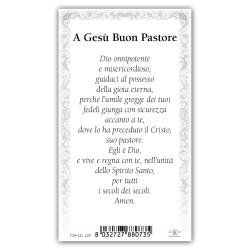 Santino Gesù Buon Pastore con preghiera e finiture in oro a caldo