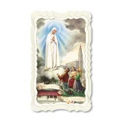 Santino in carta telata color avorio della Madonna di Fatima con i pastorelli