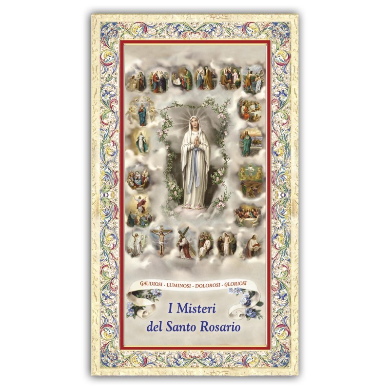 Santino Madonna del Rosario con le miniature dei 20 Misteri con preghiera e finiture in oro a caldo Santino Madonna del Rosario con le miniature dei 20 Misteri con preghiera e finiture in oro a caldo