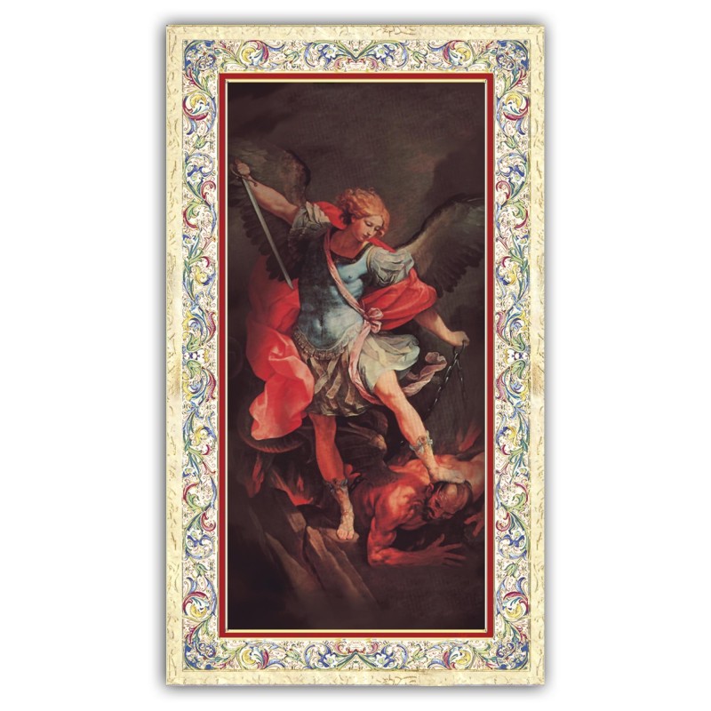 Santino San Michele Arcangelo con preghiera e finiture in oro a caldo Santino San Michele Arcangelo con preghiera e finiture in oro a caldo