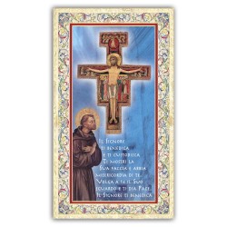 Santino San Francesco d'Assisi in preghiera davanti al crocefisso di San Damiano con preghiera e finiture in oro a caldo