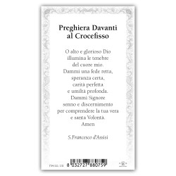 Santino San Francesco d'Assisi in preghiera davanti al crocefisso di San Damiano con preghiera e finiture in oro a caldo