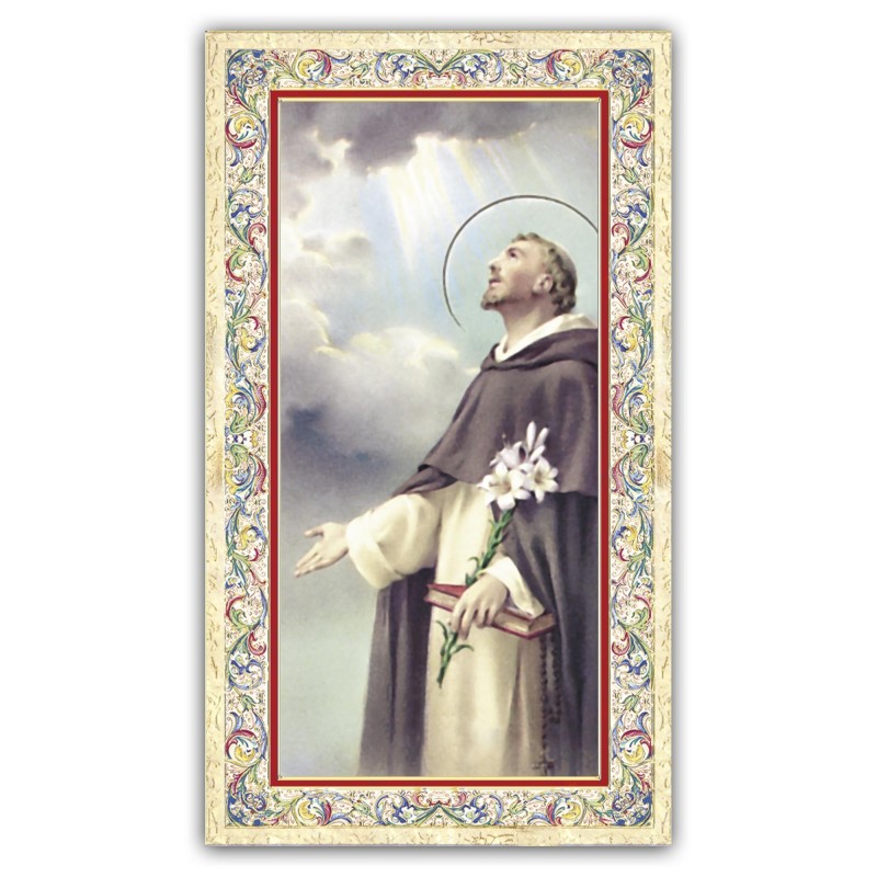 Santino San Domenico con preghiera e finiture in oro a caldo Santino San Domenico con preghiera e finiture in oro a caldo