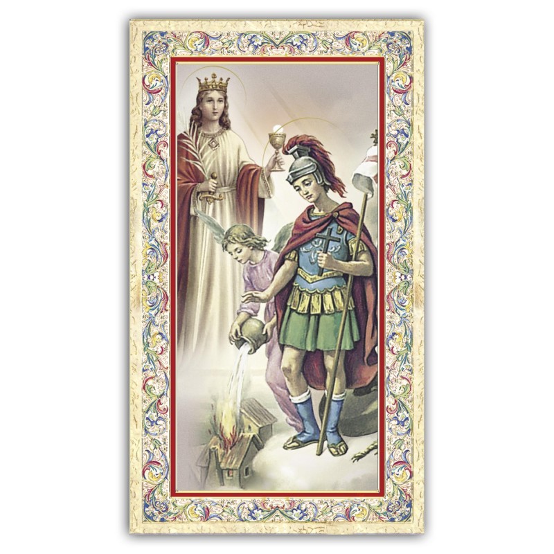 Santino Santa Barbara e San Floriano con preghiera e finiture in oro a caldo Santino Santa Barbara e San Floriano con preghiera e finiture in oro a caldo