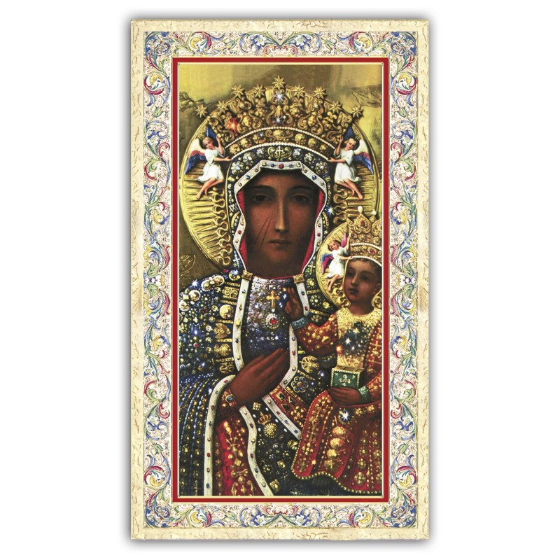 Santino Madonna di Czestochowa con preghiera e finiture in oro a caldo Santino Madonna di Czestochowa con preghiera e finiture in oro a caldo