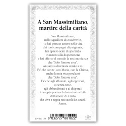 Santino San Massimiliano Kolbe con preghiera e finiture in oro a caldo