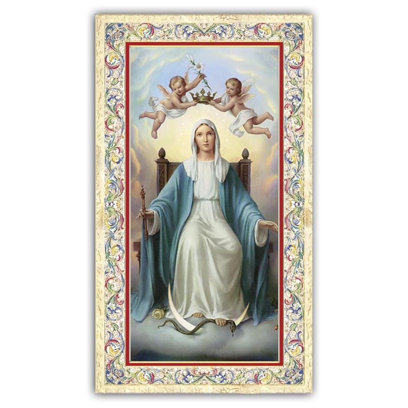 Santino Madonna sul trono con preghiera e finiture in oro a caldo Santino Madonna sul trono con preghiera e finiture in oro a caldo