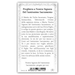 Santino Madonna del Santissimo Sacramento con preghiera e finiture in oro a caldo