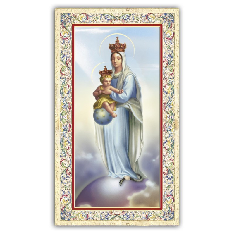 Santino Madonna della Vittoria con preghiera e finiture in oro a caldo Santino Madonna della Vittoria con preghiera e finiture in oro a caldo