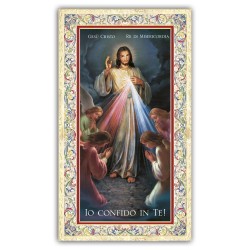 Santino Gesù Misericordioso circondato da angeli in preghiera con preghiera e finiture in oro a caldo