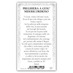 Santino Gesù Misericordioso circondato da angeli in preghiera con preghiera e finiture in oro a caldo