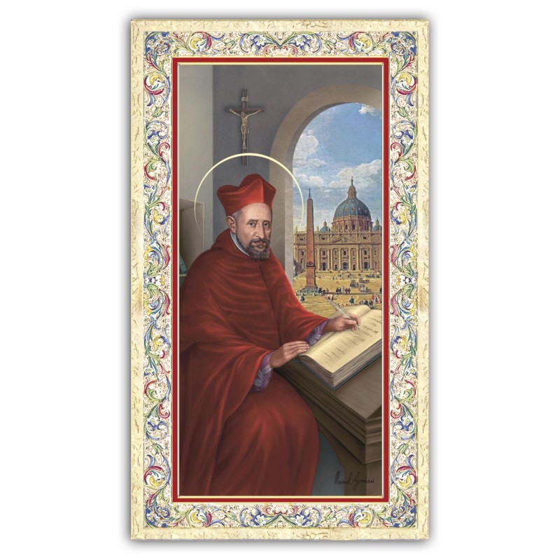 Santino San Roberto Bellarmino con preghiera e finiture in oro a caldo Santino San Roberto Bellarmino con preghiera e finiture in oro a caldo