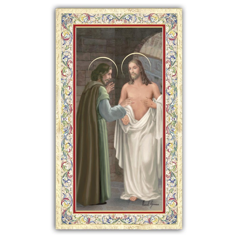 Santino San Tommaso Apostolo con preghiera e finiture in oro a caldo Santino San Tommaso Apostolo con preghiera e finiture in oro a caldo