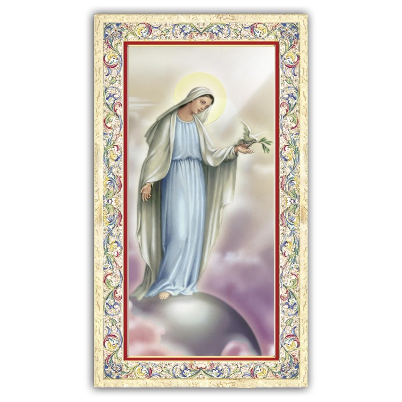Santino Madonna della Pace con preghiera e finiture in oro a caldo Santino Madonna della Pace con preghiera e finiture in oro a caldo