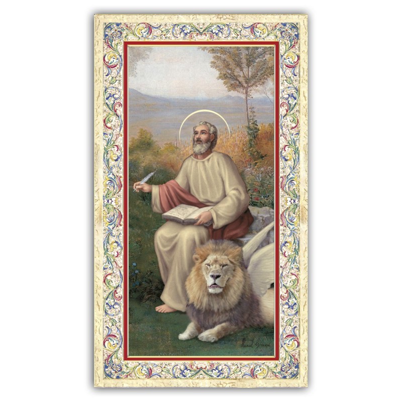 Santino San Marco Evangelista con preghiera e finiture in oro a caldo Santino San Marco Evangelista con preghiera e finiture in oro a caldo