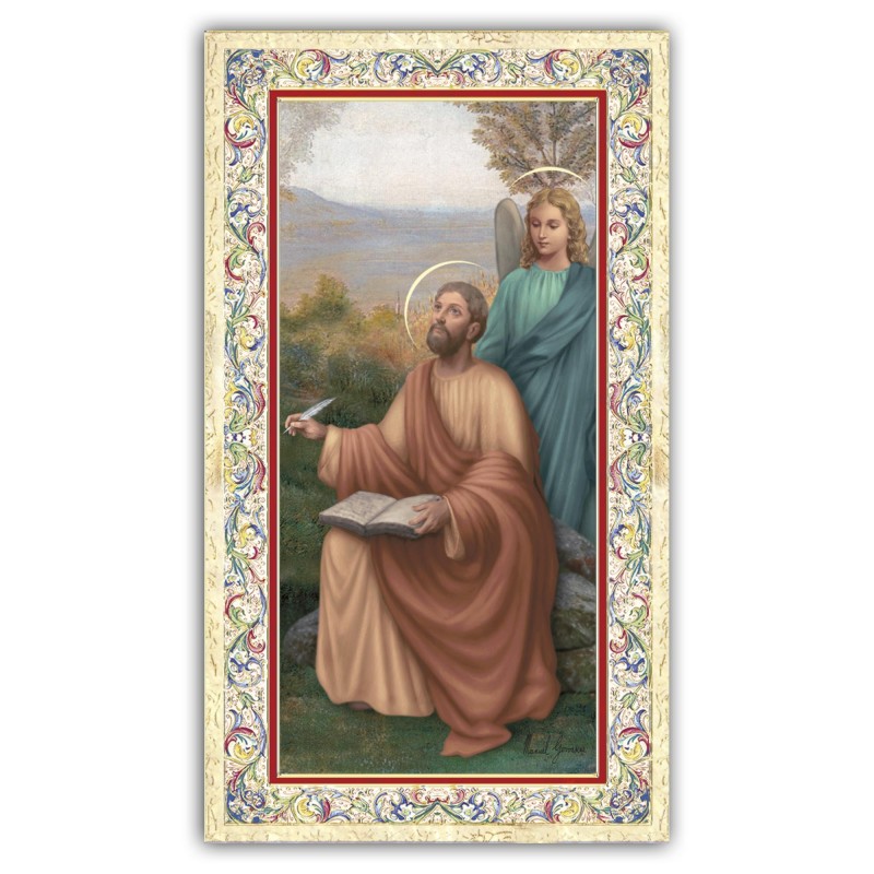 Santino San Matteo Evangelista con preghiera e finiture in oro a caldo Santino San Matteo Evangelista con preghiera e finiture in oro a caldo