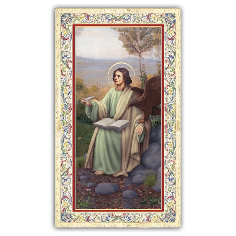 Santino San Giovanni Evangelista con preghiera e finiture in oro a caldo Santino San Giovanni Evangelista con preghiera e finiture in oro a caldo