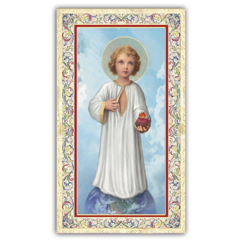 Santino Sacro Cuore di Gesù Bambino con preghiera e finiture in oro a caldo Santino Sacro Cuore di Gesù Bambino con preghiera e finiture in oro a caldo