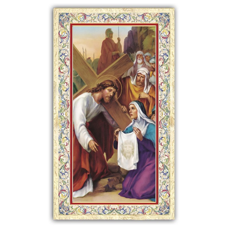 Santino Santa Veronica con preghiera e finiture in oro a caldo Santino Santa Veronica con preghiera e finiture in oro a caldo