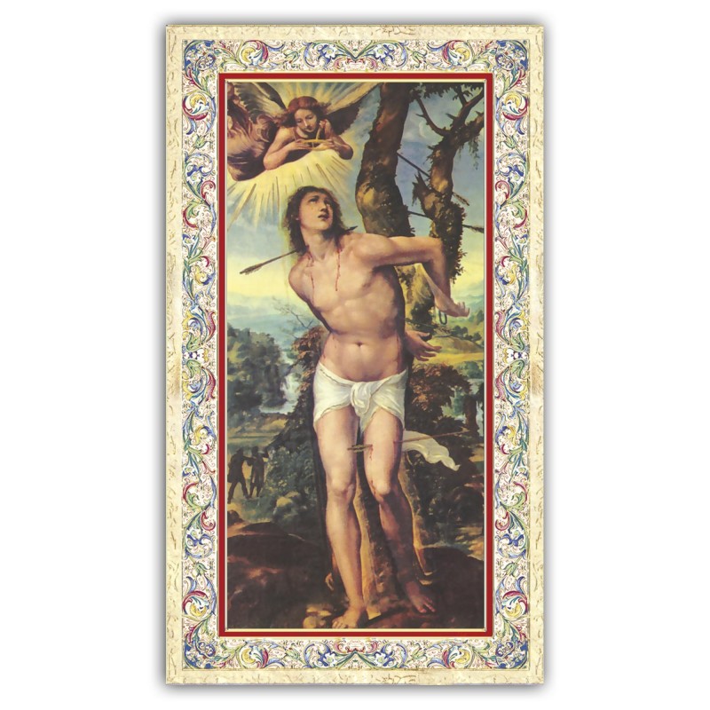 Santino San Sebastiano con preghiera e finiture in oro a caldo Santino San Sebastiano con preghiera e finiture in oro a caldo