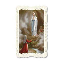 Santino in carta telata color avorio dell'Apparizione di Lourdes