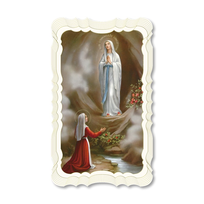 Santino in carta telata color avorio dell'Apparizione di Lourdes Santino in carta telata color avorio dell'Apparizione di Lourdes