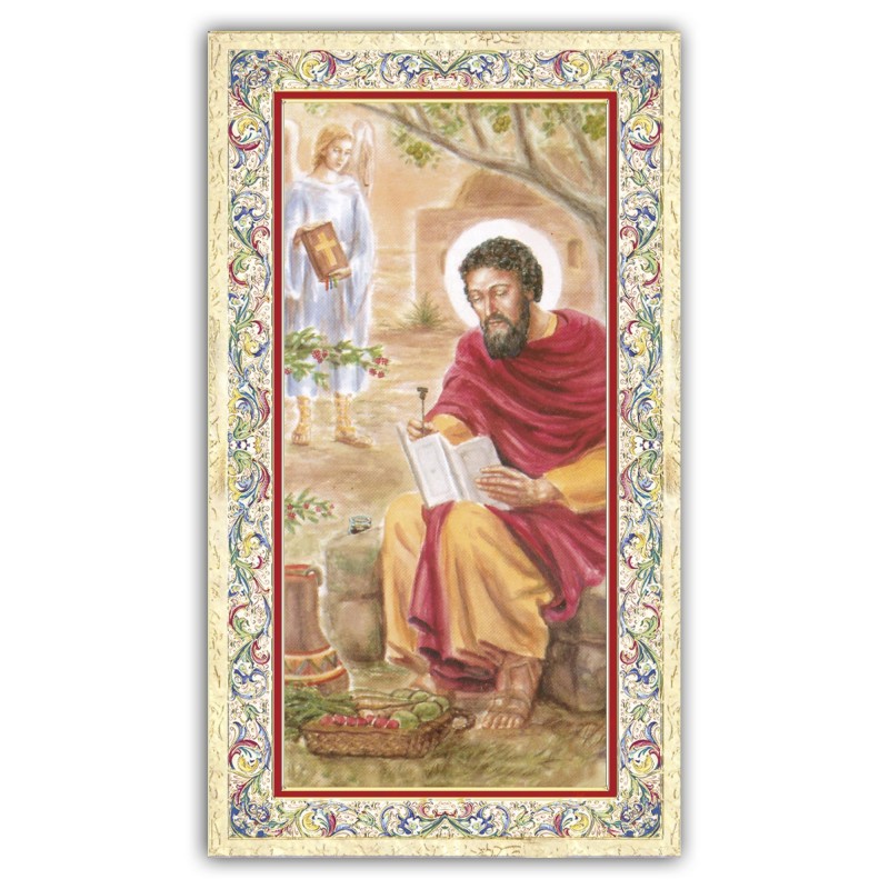 Santino San Matteo Evangelista con preghiera e finiture in oro a caldo Santino San Matteo Evangelista con preghiera e finiture in oro a caldo