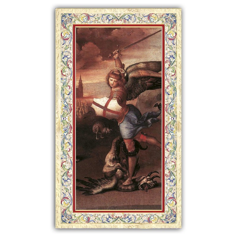 Santino San Michele Arcangelo con preghiera e finiture in oro a caldo Santino San Michele Arcangelo con preghiera e finiture in oro a caldo