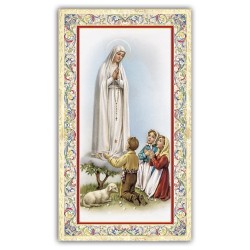 Santino Madonna di Fatima con i tre pastorelli con preghiera e finiture in oro a caldo
