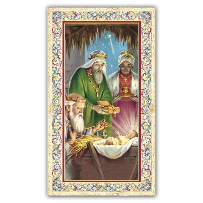 Santino Adorazione dei Magi con preghiera e finiture in oro a caldo Santino Adorazione dei Magi con preghiera e finiture in oro a caldo