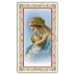 Santino Madonna con in braccio il Bambin Gesù con preghiera e finiture in oro a caldo