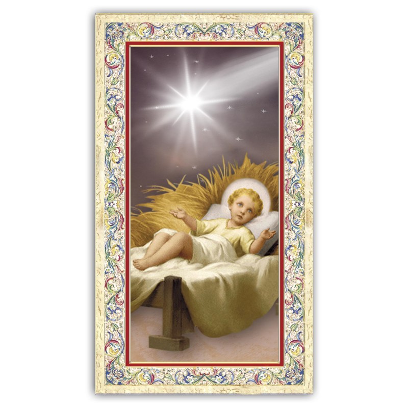 Santino Gesù Bambino nella mangiatoia con preghiera e finiture in oro a caldo Santino Gesù Bambino nella mangiatoia con preghiera e finiture in oro a caldo