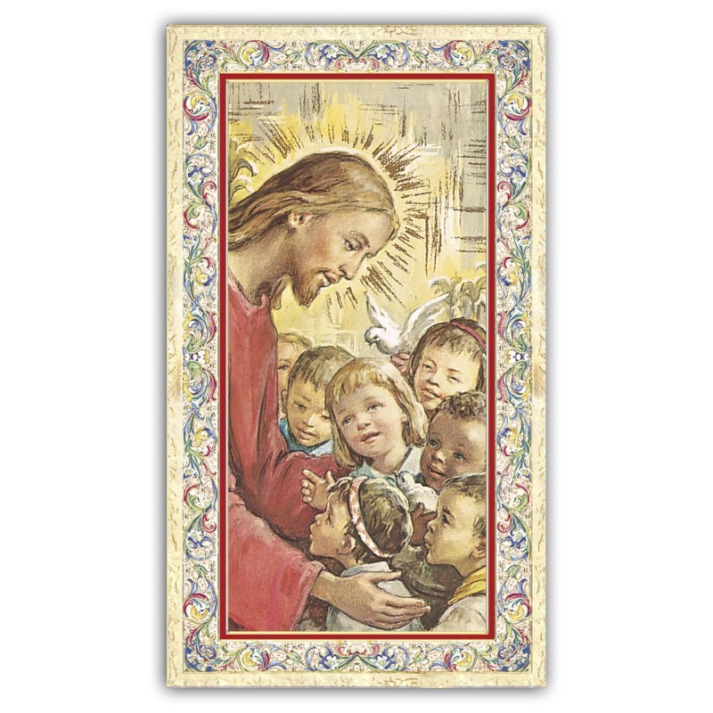 Santino Gesù con i bambini del mondo con preghiera e finiture in oro a caldo Santino Gesù con i bambini del mondo con preghiera e finiture in oro a caldo