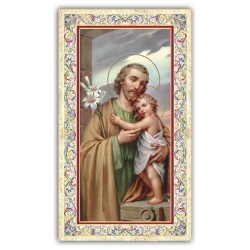 Santino San Giuseppe che abbraccia il Bambino Gesù con preghiera e finiture in oro a caldo