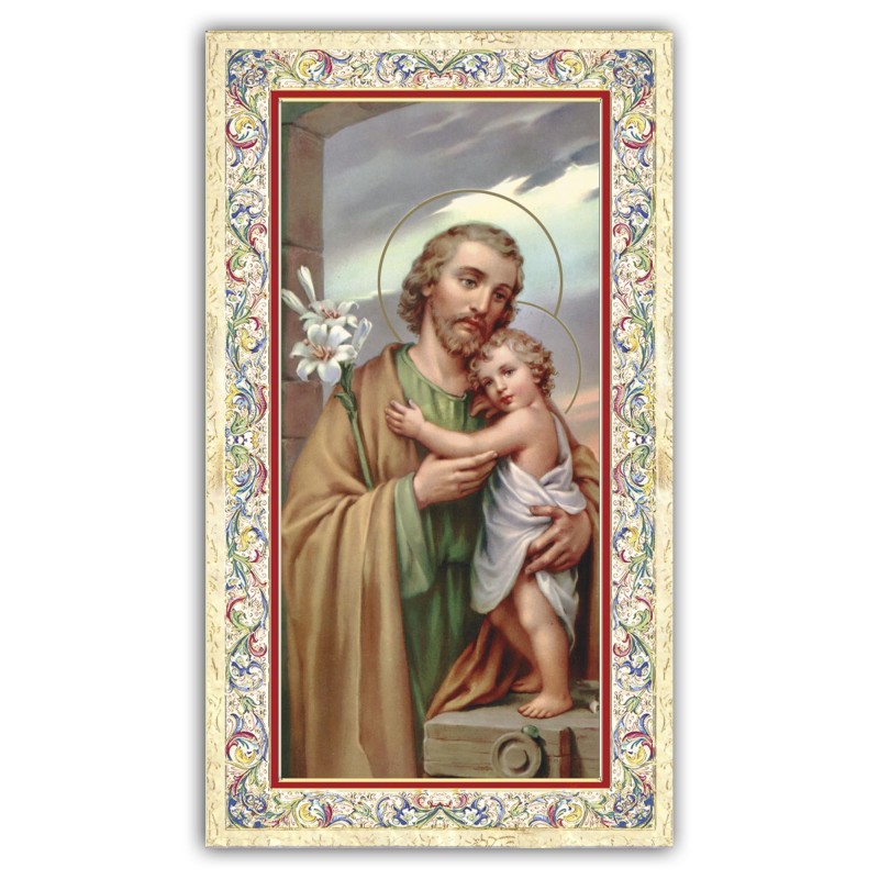 Santino San Giuseppe che abbraccia il Bambino Gesù con preghiera e finiture in oro a caldo Santino San Giuseppe che abbraccia il Bambino Gesù con preghiera e finiture in oro a caldo