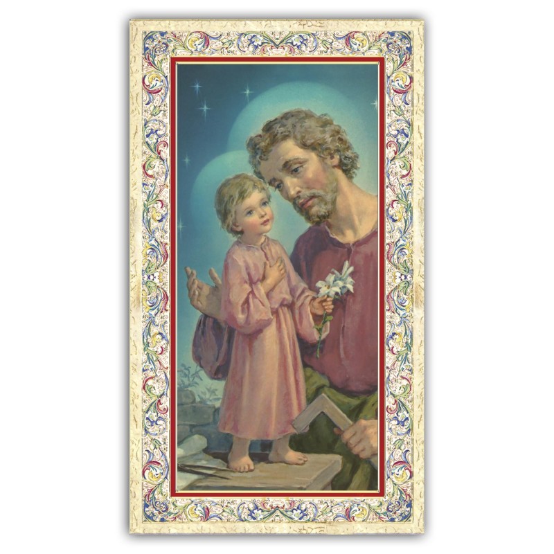 Santino San Giuseppe e il Bambino Gesù al tavolo da lavoro con preghiera e finiture in oro a caldo Santino San Giuseppe e il Bambino Gesù al tavolo da lavoro con preghiera e finiture in oro a caldo