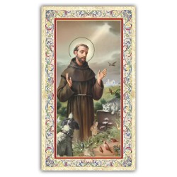 Santino San Francesco d'Assisi circondato dagli animali con preghiera e finiture in oro a caldo