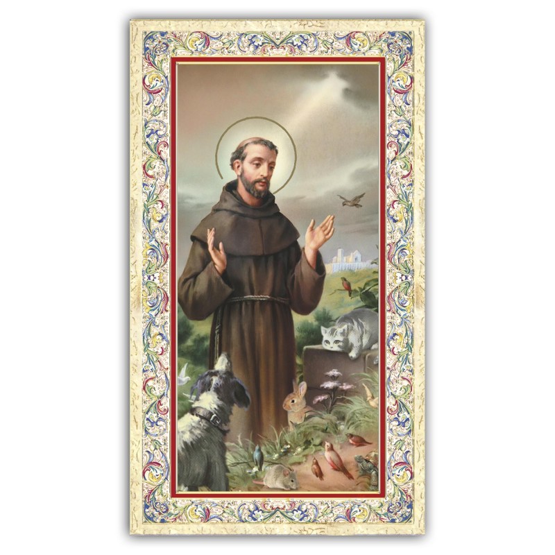 Santino San Francesco d'Assisi circondato dagli animali con preghiera e finiture in oro a caldo Santino San Francesco d'Assisi circondato dagli animali con preghiera e finiture in oro a caldo