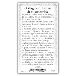 Santino Madonna di Fatima con i tre pastorelli con preghiera e finiture in oro a caldo