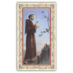 Santino San Francesco che predica agli uccelli con preghiera e finiture in oro a caldo
